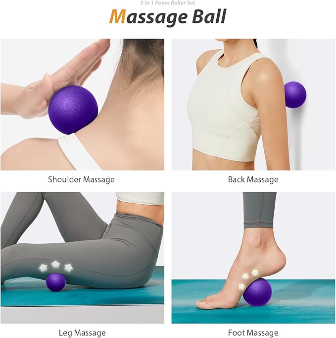 5 in1 Foam Roller Set, Trigger Point Foam Roller, Massage Roller Stick, Massage Ball, Resistance Band for Deep Muscle Massage Pilates Yoga,Fitness Exercise for Whole Body (Purple)