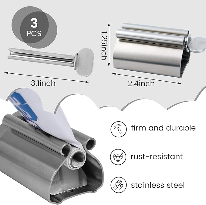 LOVEINUSA Toothpaste Tube Squeezer Dispenser, 3PCS Toothpaste Roller Squeezer Tool Metal Stainless Steel Tooth Paste Holder for Bathroom, Silver