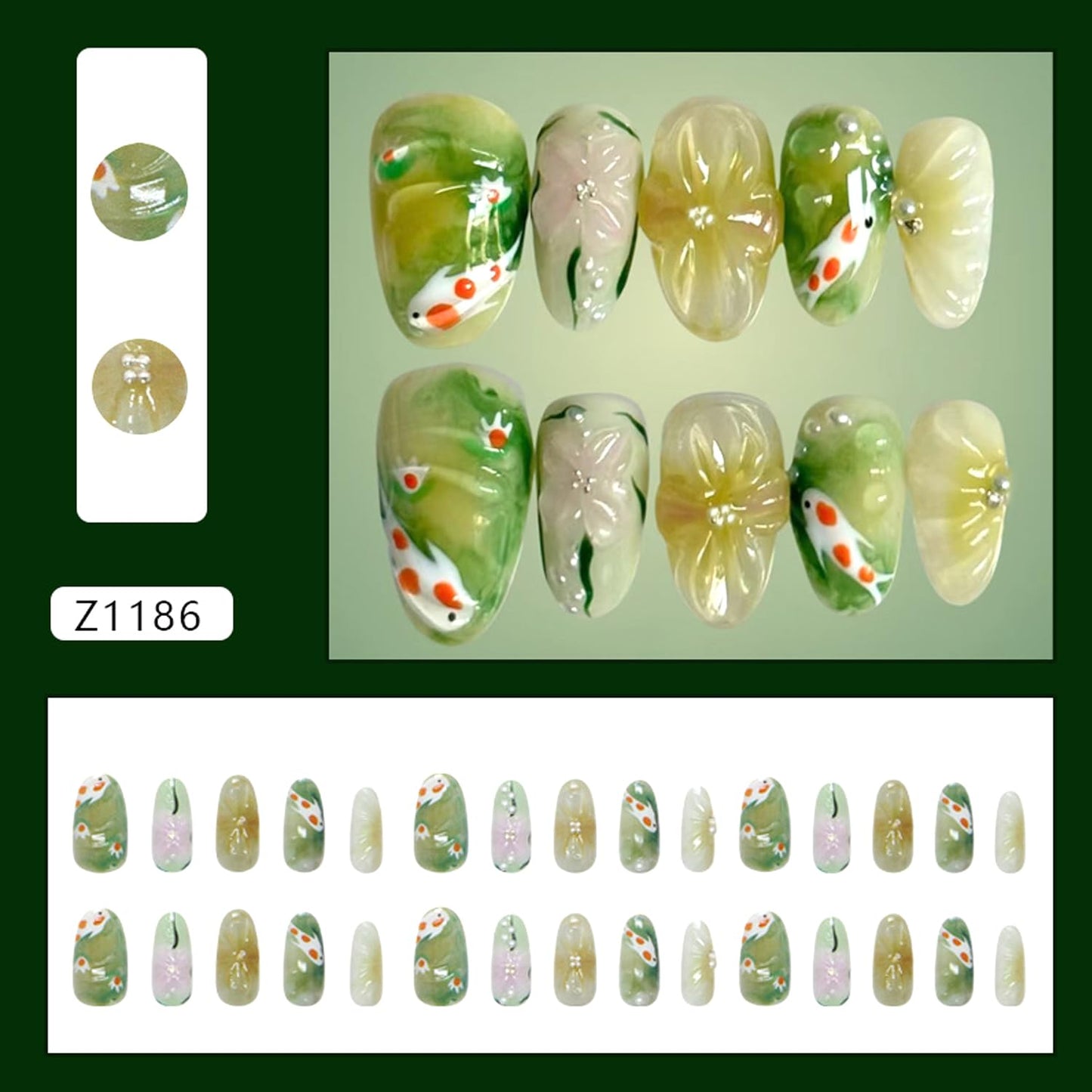 30Pcs Flower Press on Nails Medium Almond Fake Nails Press on 3D Pearl Design Koi Fish False Nails Green Smudge Glossy Full Cover Cute Floral Koi Reusable Spring Summer Acrylic Glue on Nails for Women