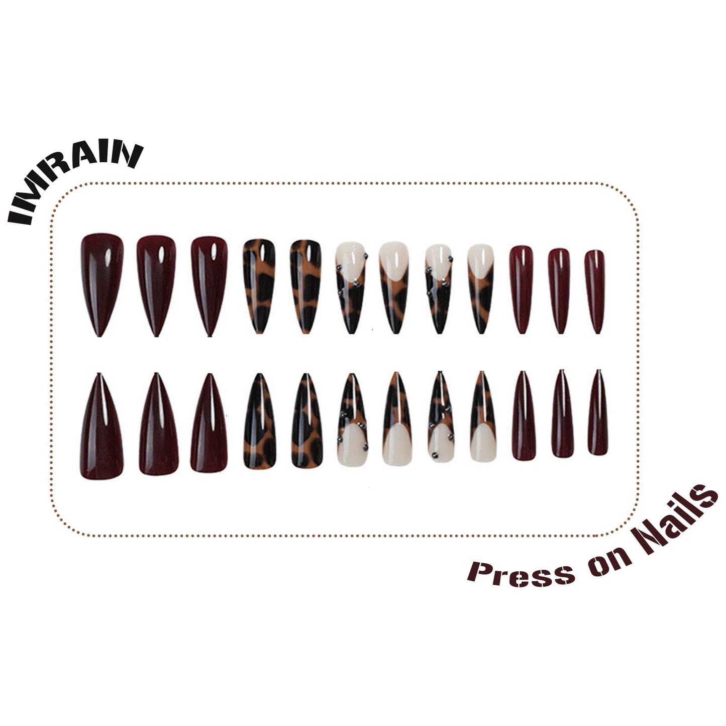 IMRAIN Long Stiletto Press on Nails Brown Leopard Fake Nails Full Cover Almond False Nails Glossy Acrylic Almond Stick on Nails for Women 24Pcs