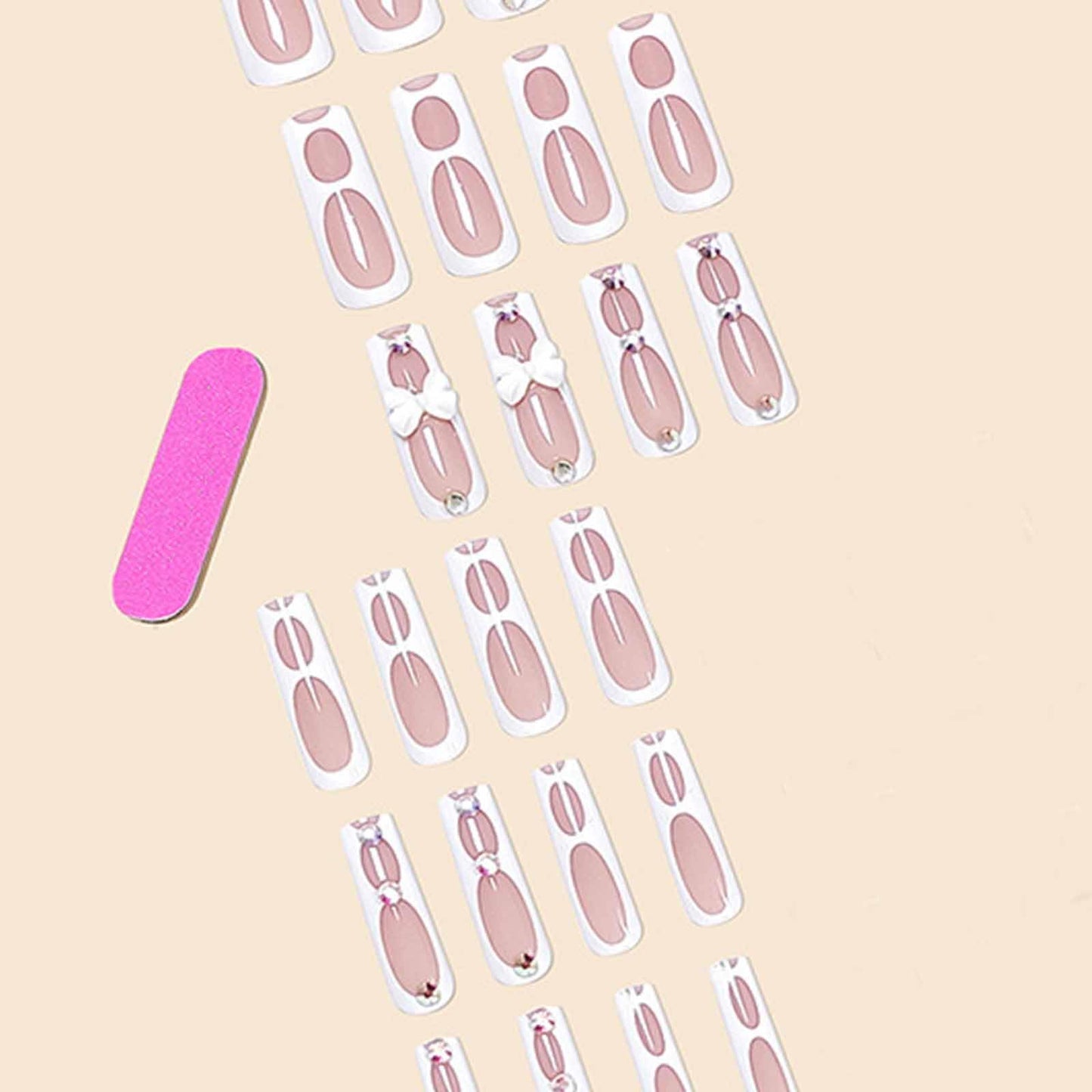 IMSOHOT Square Press on Nails Long White Fake Nails Full Cover Glue on Nails French Tips Glossy Acrylic False Nails with Bow Designs 24PCS Rhinestone Gel Nails