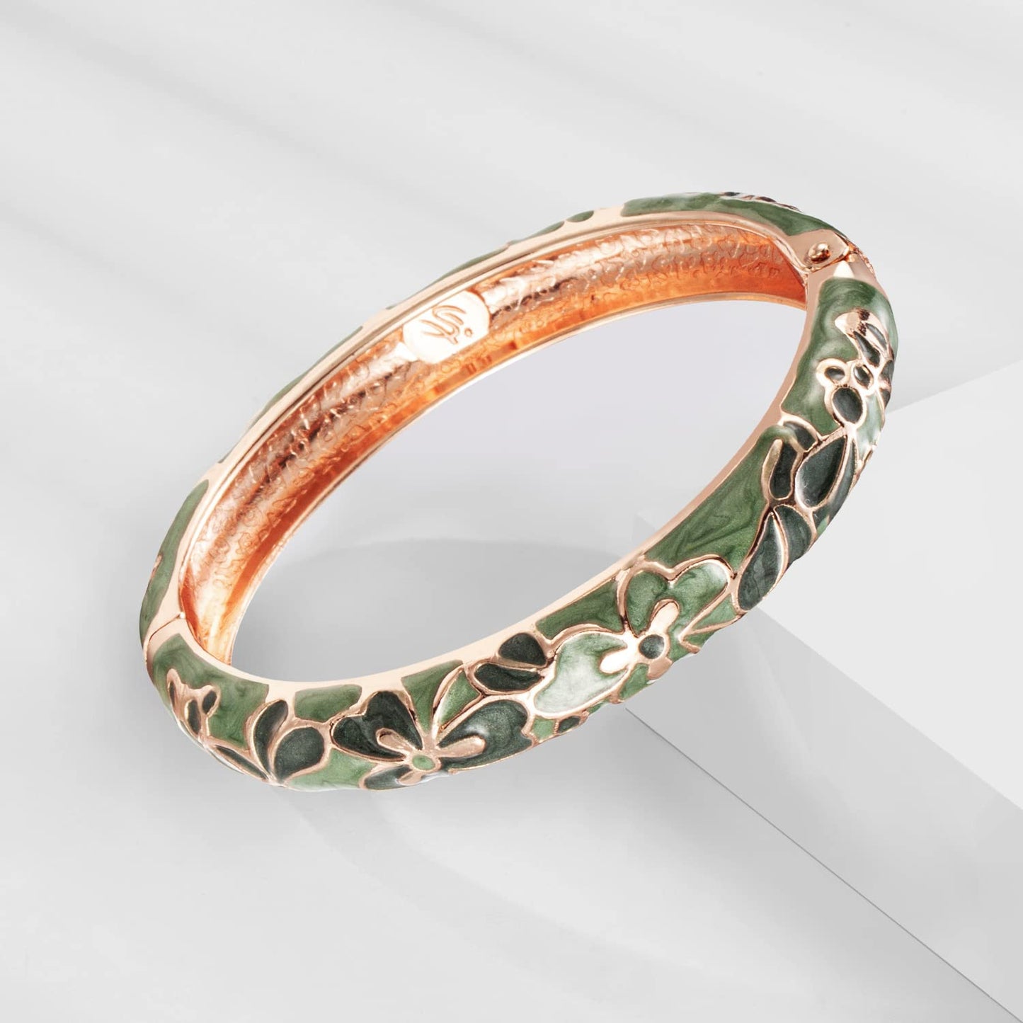 UJOY Women Cloisonne Bracelet Multi-Colors Plated Rhinestone Flower Hollowed Enameled Hinged Cuff Bangles Jewelry Gift 88A22-55A100 Green