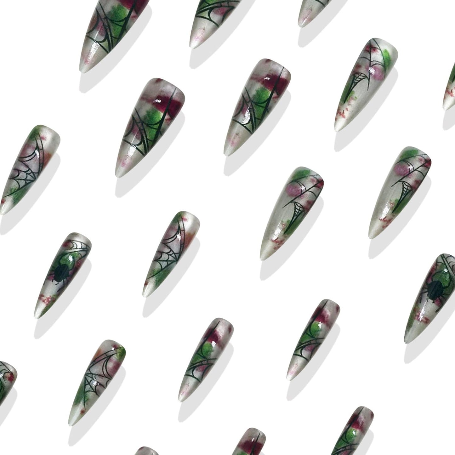 IMRAIN Press on Nails Long Stiletto Fake Nails with Spider Web Designs, Cat's Eye Glossy Glue on, Artificial, Acrylic, Full Cover False Nails for Women Manicure 24Pcs