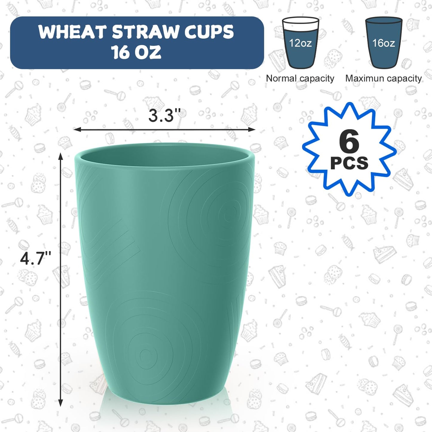 Perlapoc Reusable Wheat Straw Cups 6 PCS, Unbreakable 16 OZ Plastic Cup Alternative, Dishwasher Safe Drinking Glasses for Indoor & Outdoor Use, Green