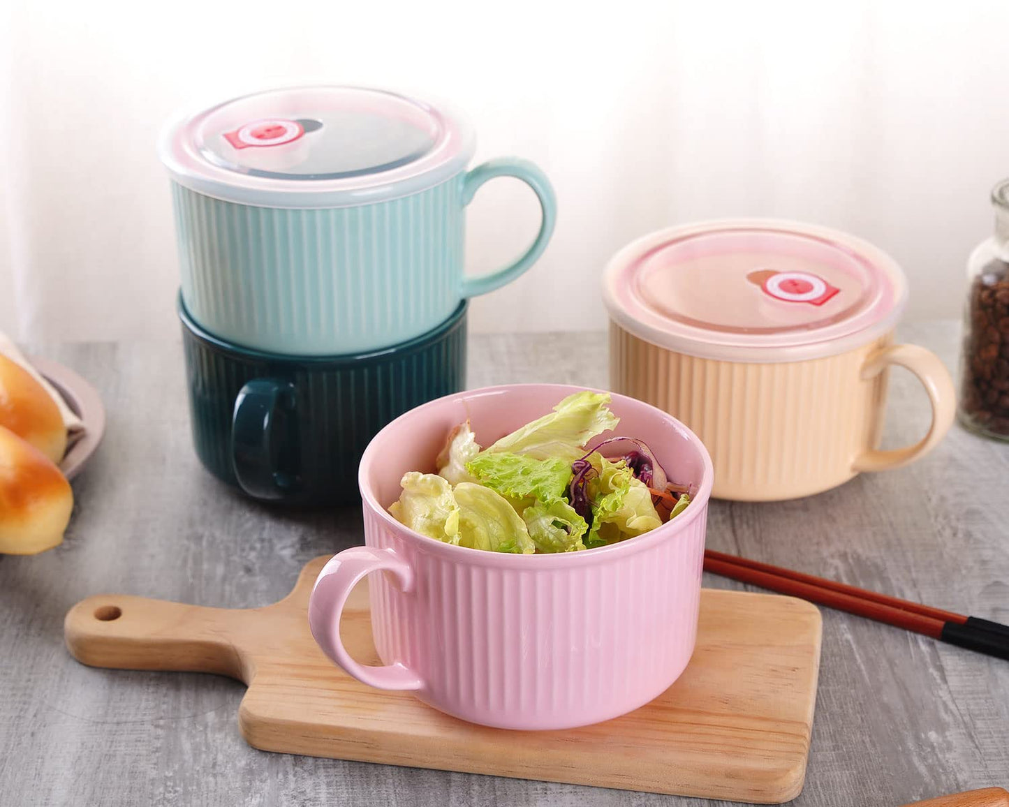 WHJY 30oz Ceramic Bowl with Lid and Handle for Soup and Instant Noodles Mug, Modern Simple Style, with Heat Preservation Handle - Pink