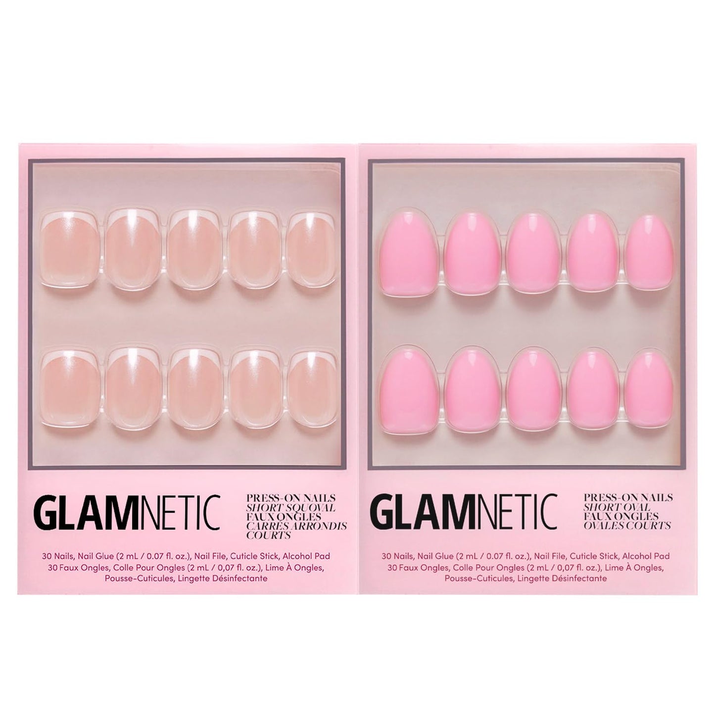 Glamnetic Press-On Nails Bundle - La Perle & Think Pink | Squoval White Nails with French Tips | Light Pastel Pink Short Oval Fake Nails | Reusable, Salon-Quality Nail Kits