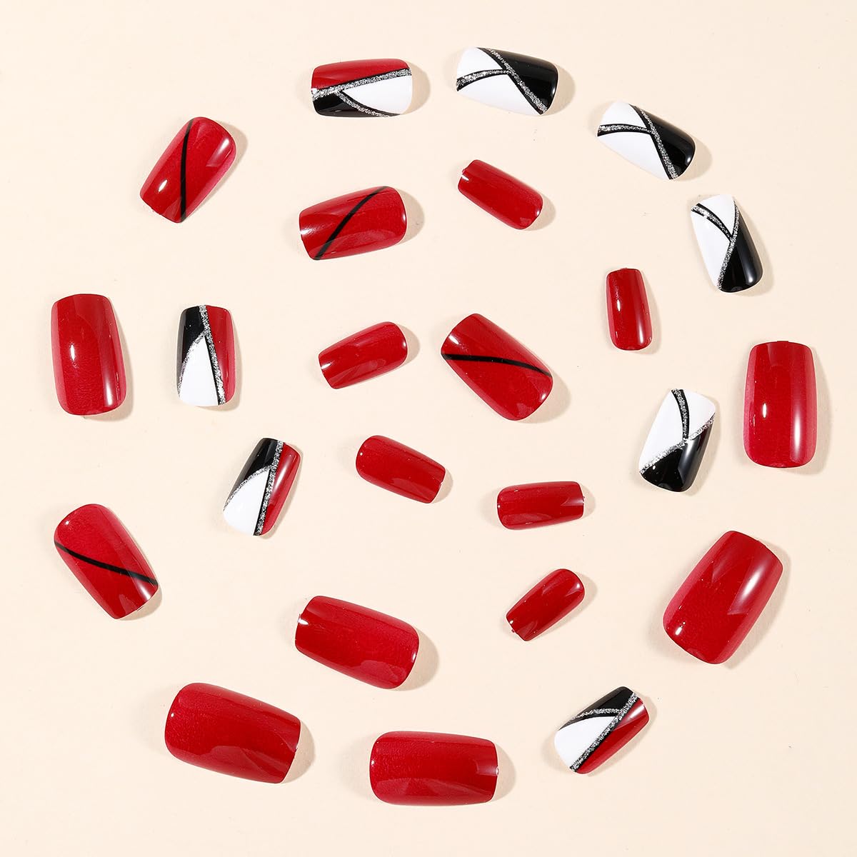 plalely Square Press on Nails Medium Red and BlackFake Nails Black and Red Splicing Stick on Nail Tips for Women 24 pcs