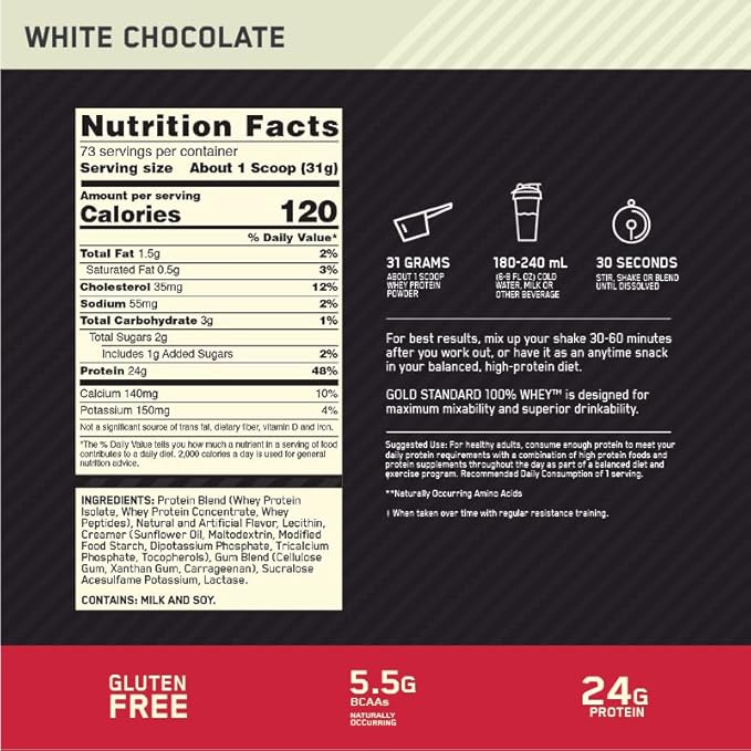 Optimum Nutrition Gold Standard 100% Whey Protein Powder, White Chocolate, 5 Pound (Packaging May Vary)