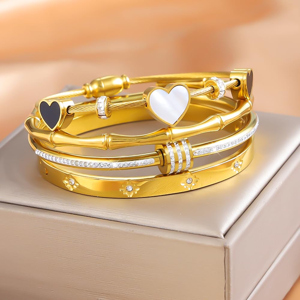 Women's 18K Gold Plated Stainless Steel Bangles & Bracelets Set White Shell Heart Roman Numerals & Cubic Zirconia Twisted Bands Waterproof Tarnish Resistant Hypoallergenic 2.3 Inches (6cm) Stackable Design (4-PC Style A)
