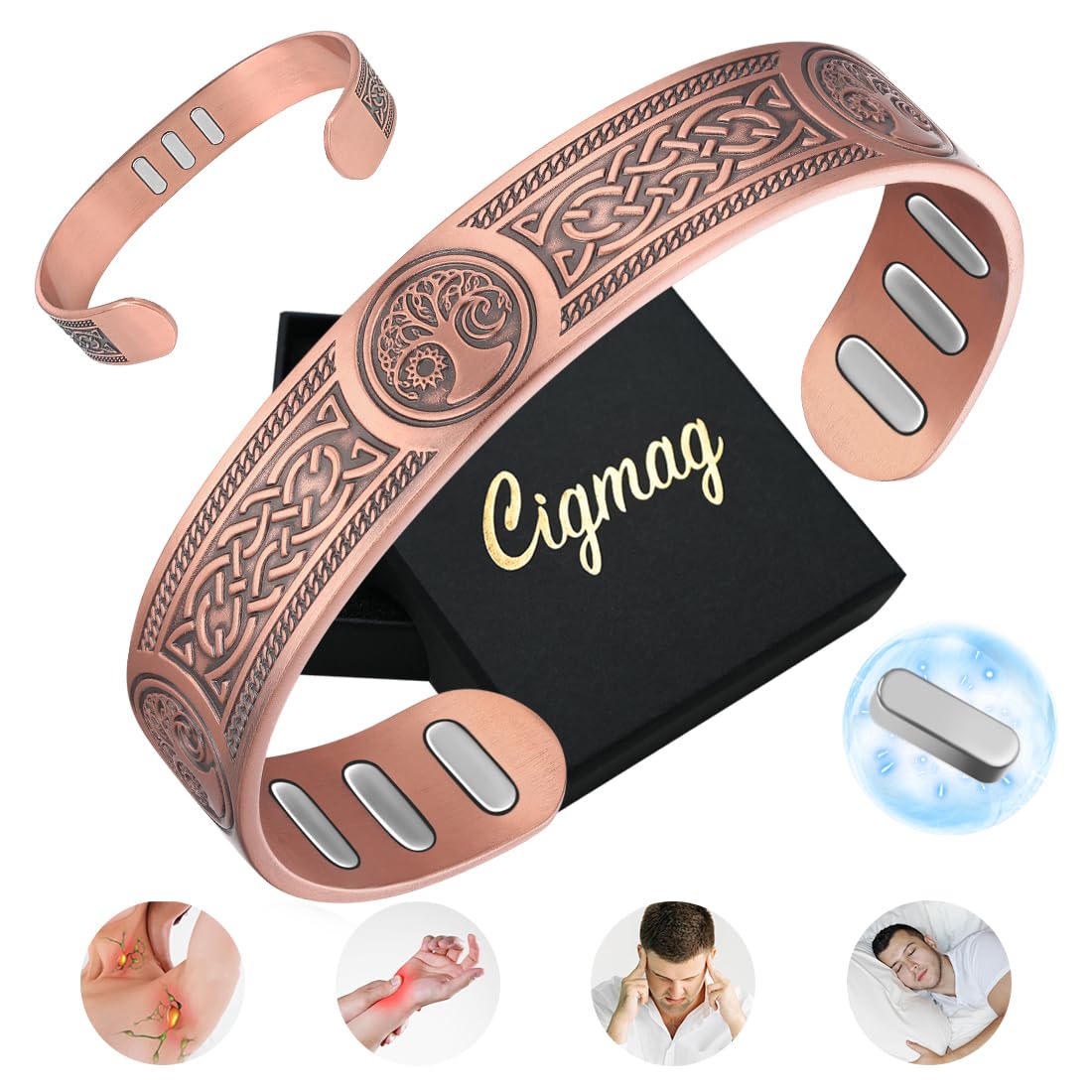 Cigmag Copper Bracelet for Men, with Powerful 9X 5000 Gauss Magnets, Adjustable Solid Pure Copper (Viking Sun Moon Life Tree)