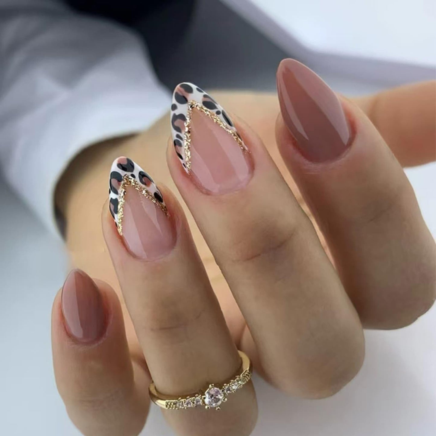Valentine Short Almond Press on Nails French Tip Fake Nails Brown Leopard Print with Gold Glitter Design Full Cover Acrylic Nails Removable Artificial Stick on Nails for Women 24 Pcs
