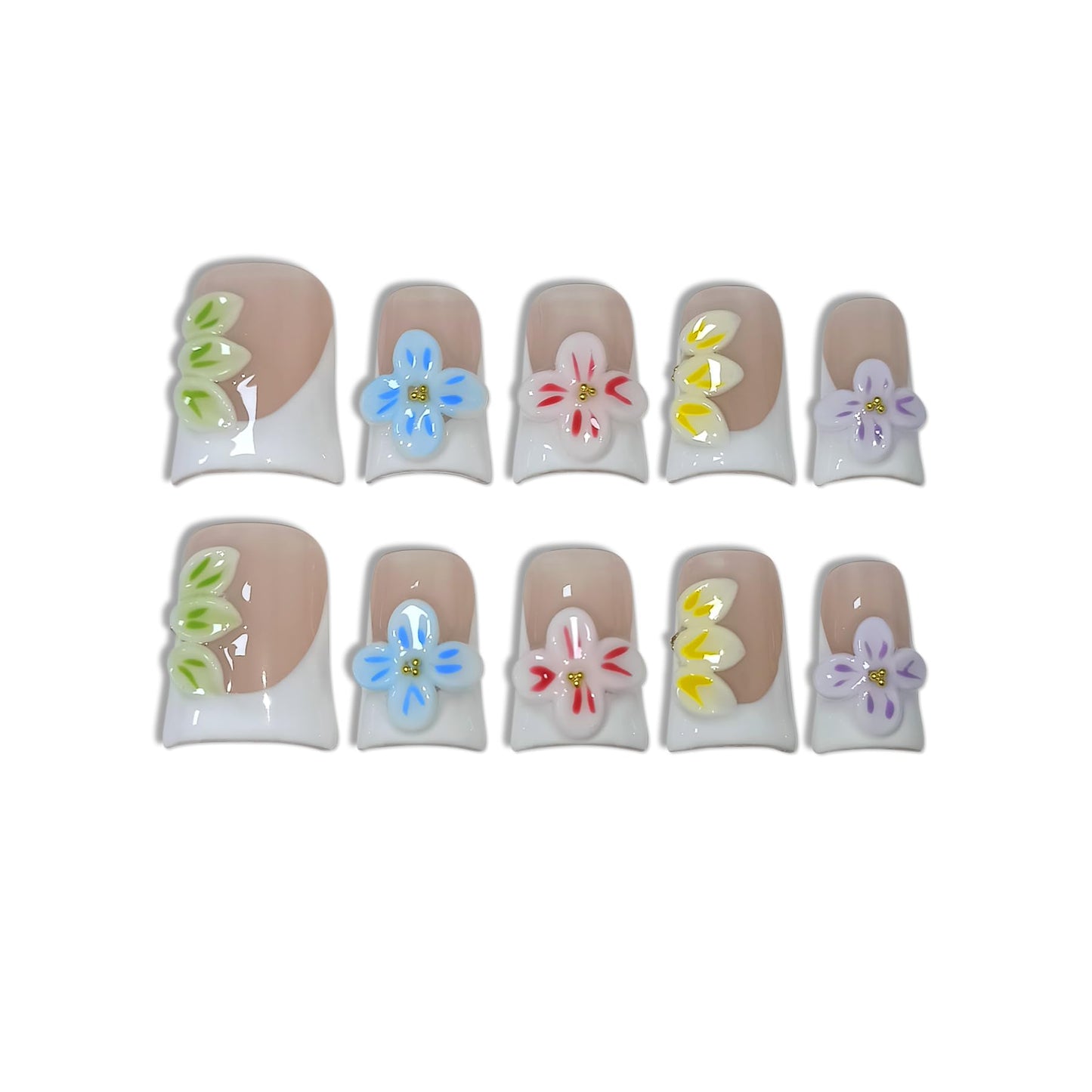 TENPAL Handmade Duckbill Press on Nails Kits with Tools- White French Tips Fake Nails with 3D Embossed Florals, Glossy Acrylic Soft Gel Removable False Nails for Women Daily Wear(L)
