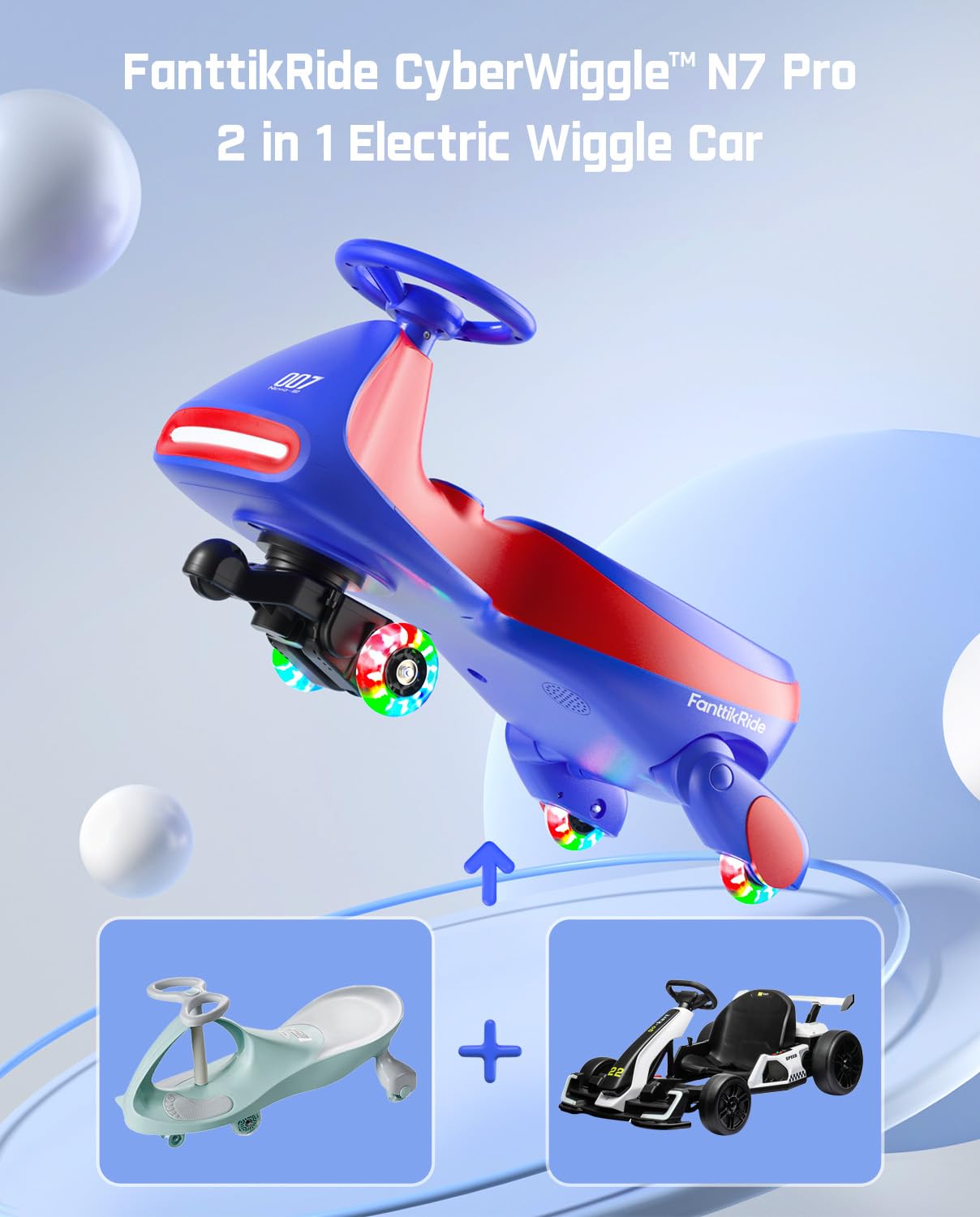 FanttikRide N7 Pro Electric Wiggle Car with Pedal, Rechargeable Battery, CyberWiggle, 2 in 1 Swing Car, 2 Speeds Max 4 Mph, Anti-Rollover, Flashing Wheels, Bluetooth, Ages 3+, 150 Lbs, Blue