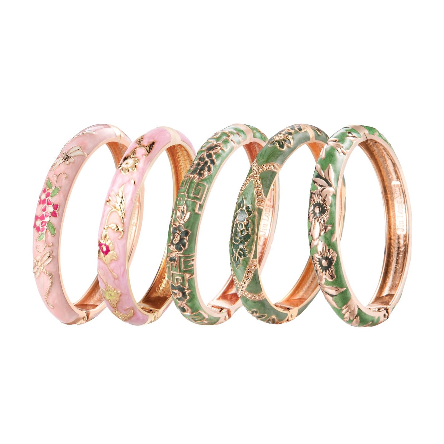 UJOY Bangles 5 Pcs Enamel Jewelry Set Rose Flower Engraved Cloisonne Bracelets Pack in a Box 5PCS Green Pink
