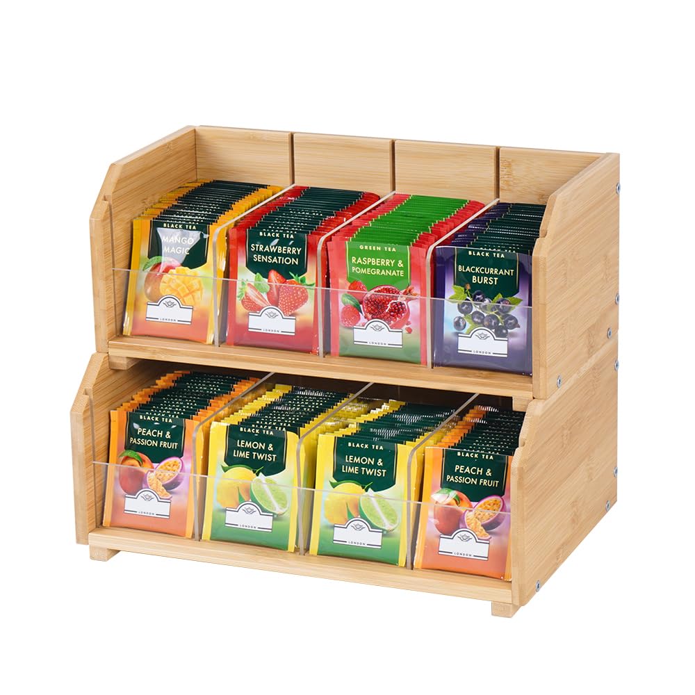 DOUKE Wooden Tea Bag Organizer – 2-Tier Stackable Tea Box with Adjustable Dividers, Safe Bamboo Tea Storage, Countertop Tea Holder for Coffee Tea Station, Kitchen, Office