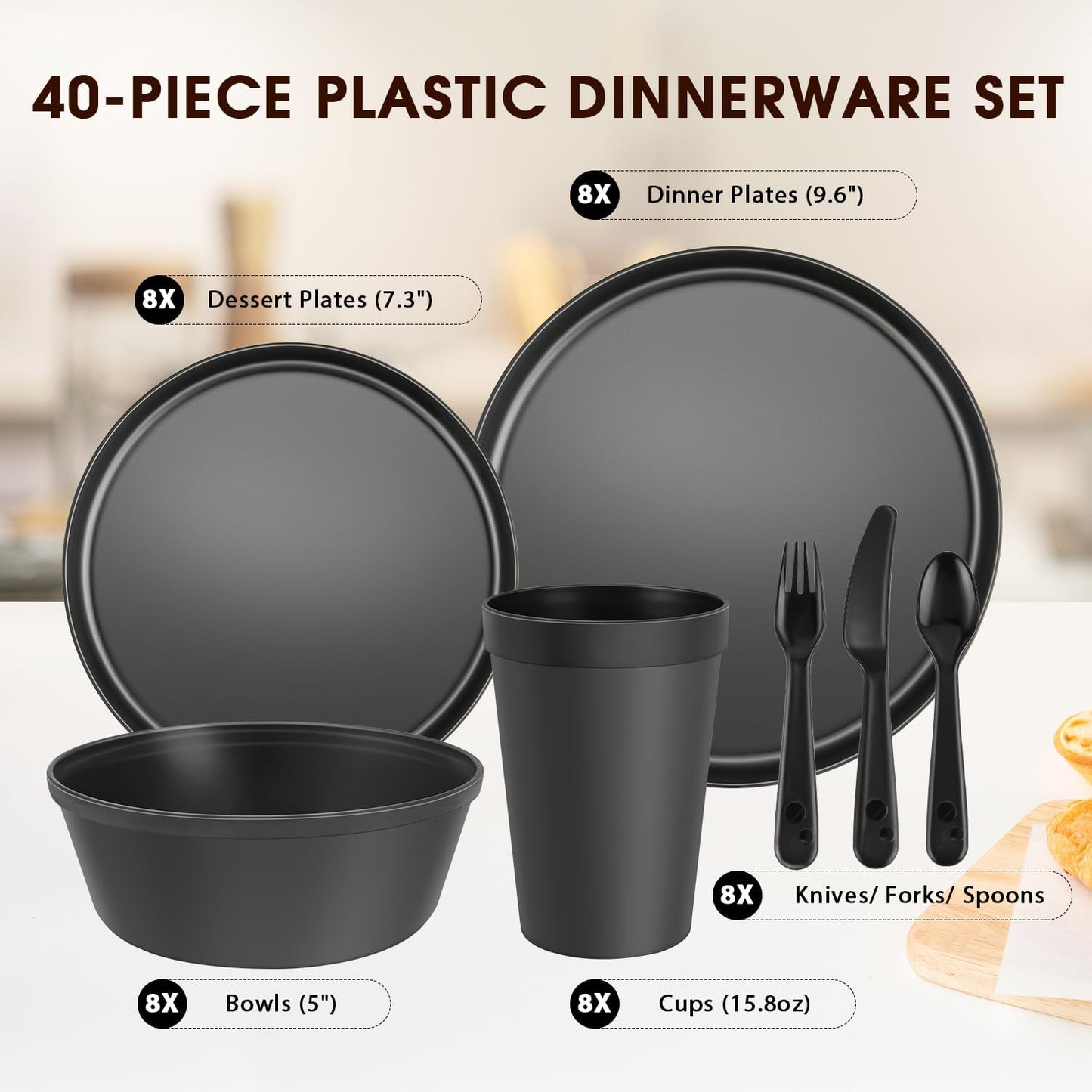 40 Piece Plastic Dinnerware Set for 8 with Cutlery, Unbreakable Plates and Bowls Set, Dishwasher & Microwave Safe Reusable Dish Set for Camping, RV, Outdoor Kitchen, Apartment Dining, Black