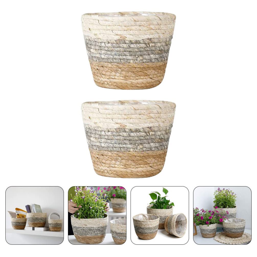 Operitacx Handmade Sea Grass Plant Basket 2 Pack Decorative Flower Holder Baskets for Home