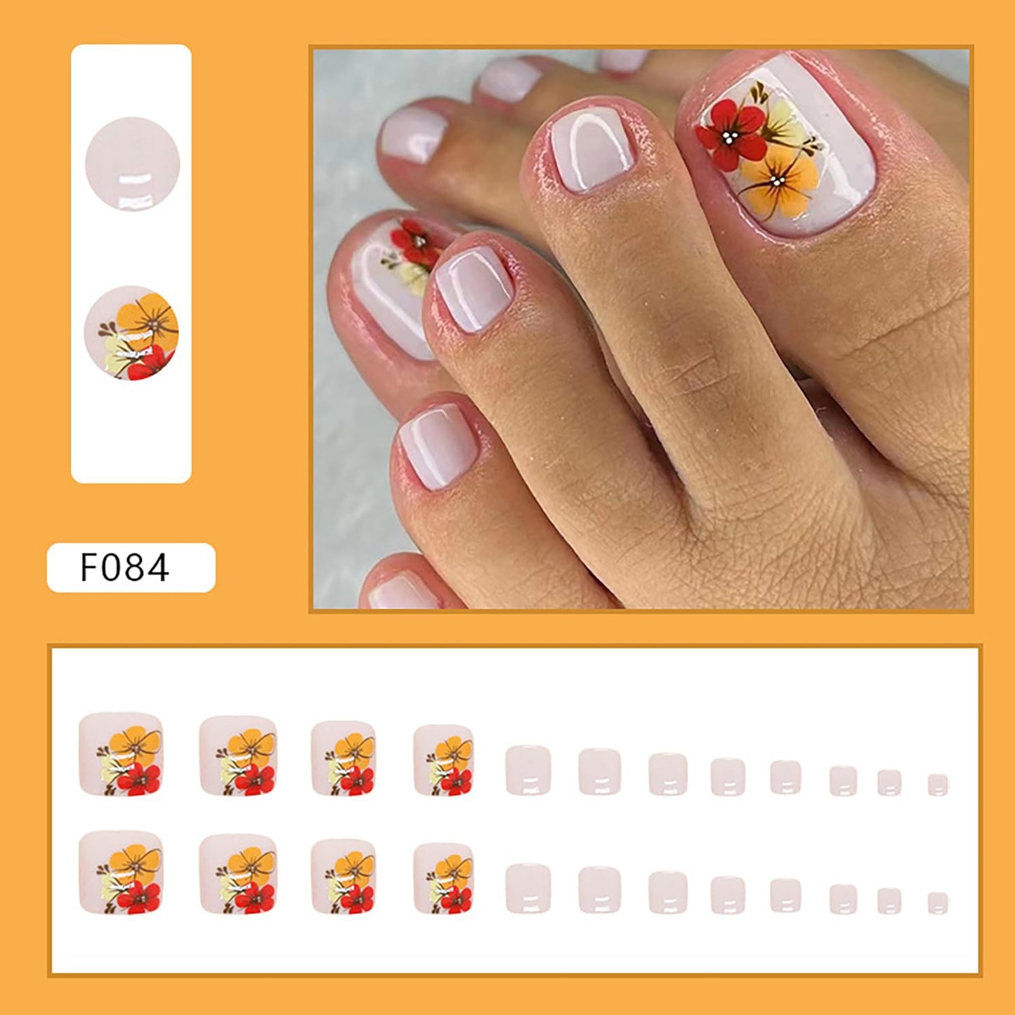 Press-On Coffin Nails with Flower Designs, Full Cover Reusable False Toenails with Adhesive Tab, Artificial Acrylic Fake Nails for Toe, Glue-On Toenails with Charm, Stick-On Toe Nails for Women