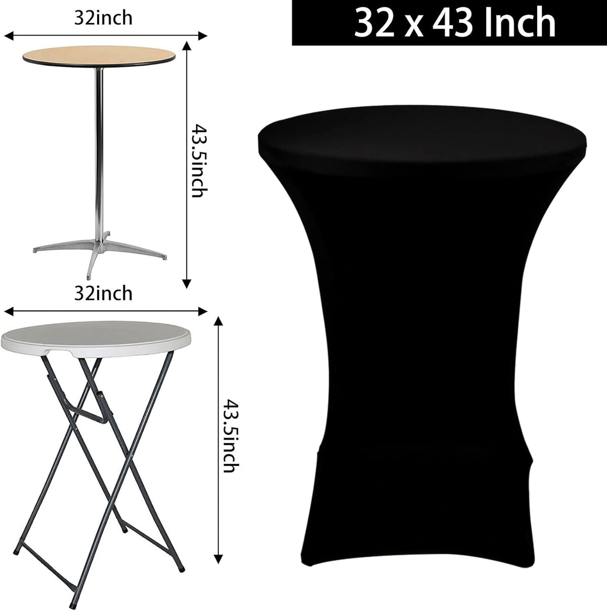2 Pack Cocktail Spandex Tablecloth 32"x43" Cocktail Table Cover Fitted for High Top Round Table for Bar Wedding Birthday Party Banquet (Black)