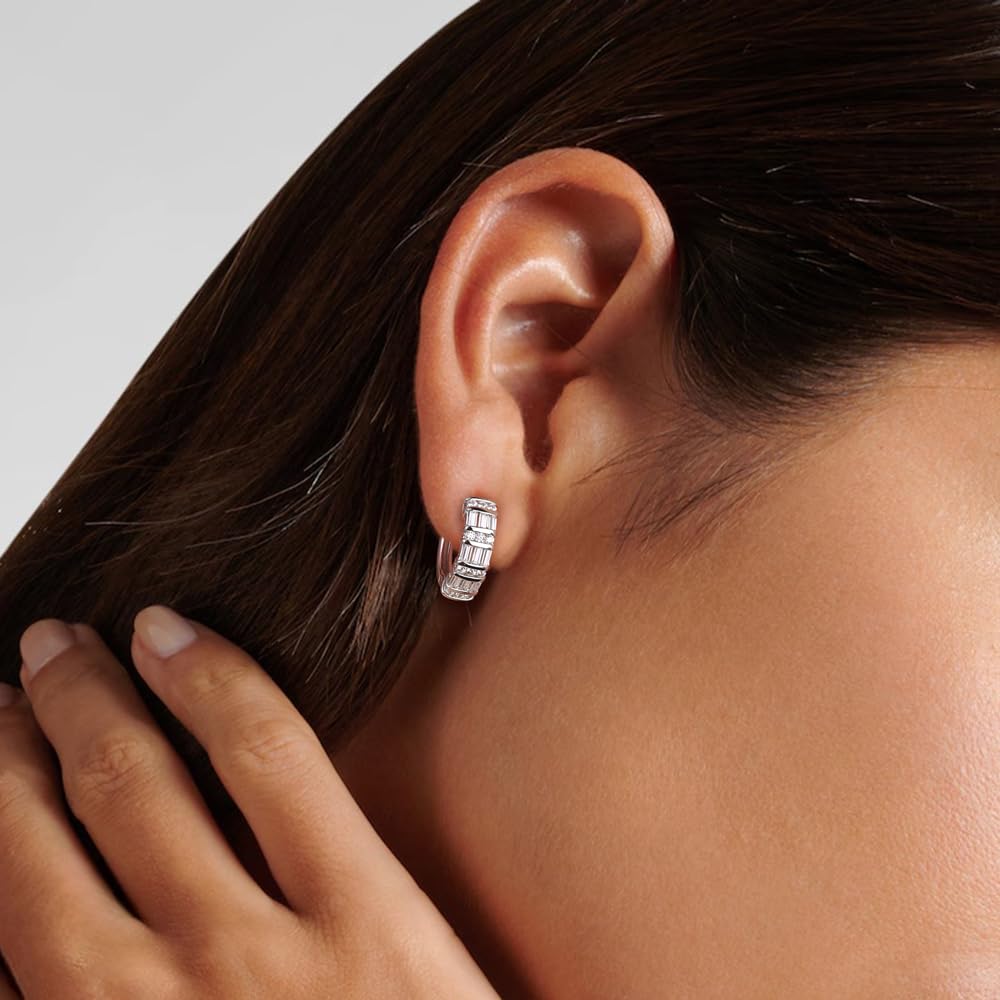 RANDES 925 Sterling Silver Cubic Zirconia Huggie Hoop Earrings for Women Created-Diamond Earrings Chunky Small CZ Earring Hoops