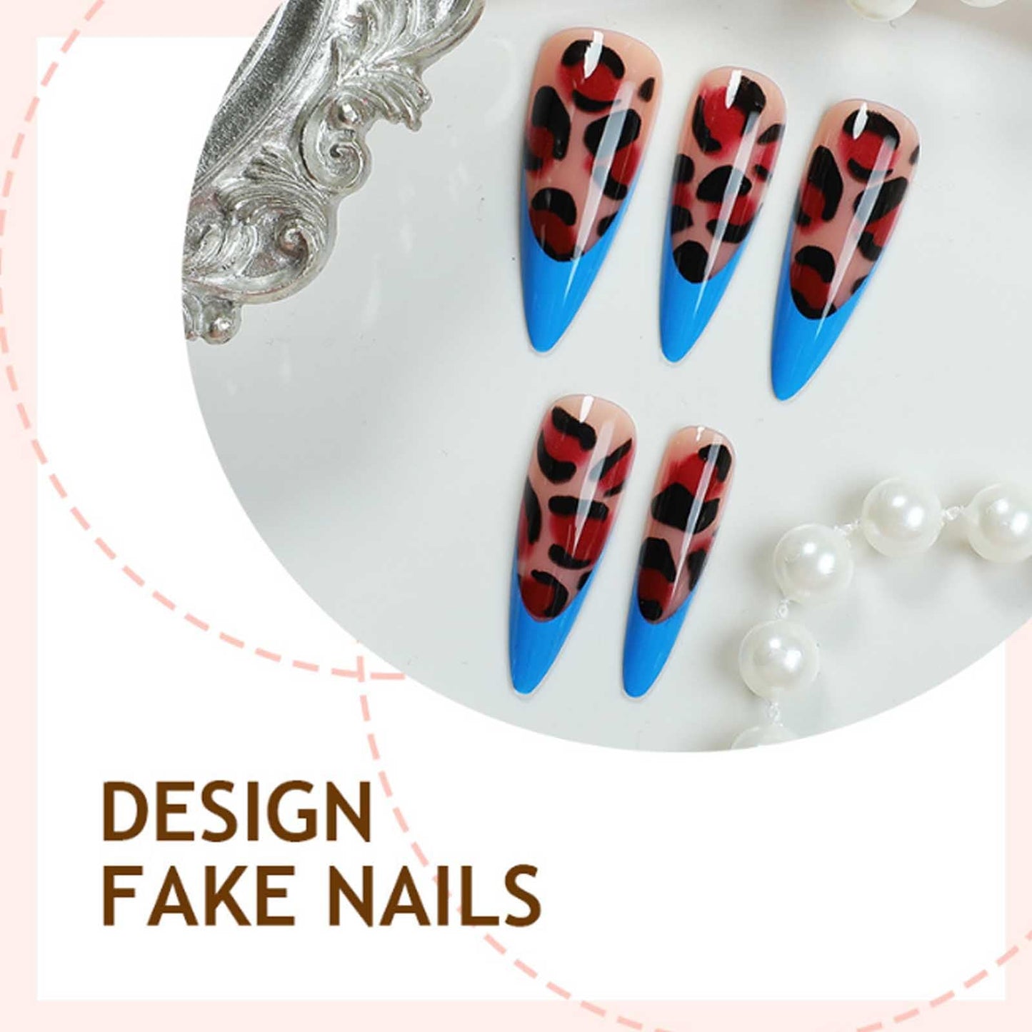Hkanlre Long Press on Nails Stiletto Tips Full Cover French False Nails Leopard Print Fake Nails for Women 24PCS