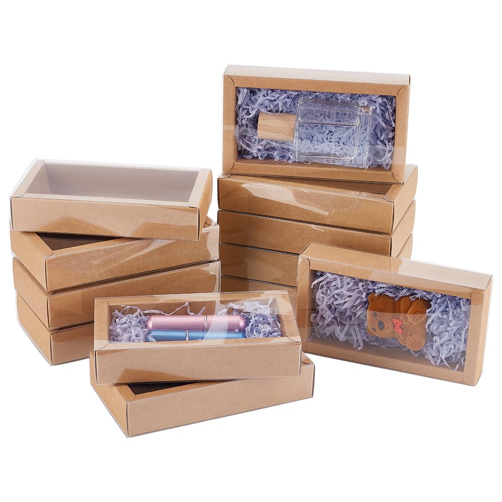 BENECREAT 12PCS Brown Kraft Gift Drawer Box, Plastic Lidded Gift Drawer Box with PVC Clear Window for Jewellery & Candy Gift Wrapping Party Favours, 5.5x2.76x1.18 Inch