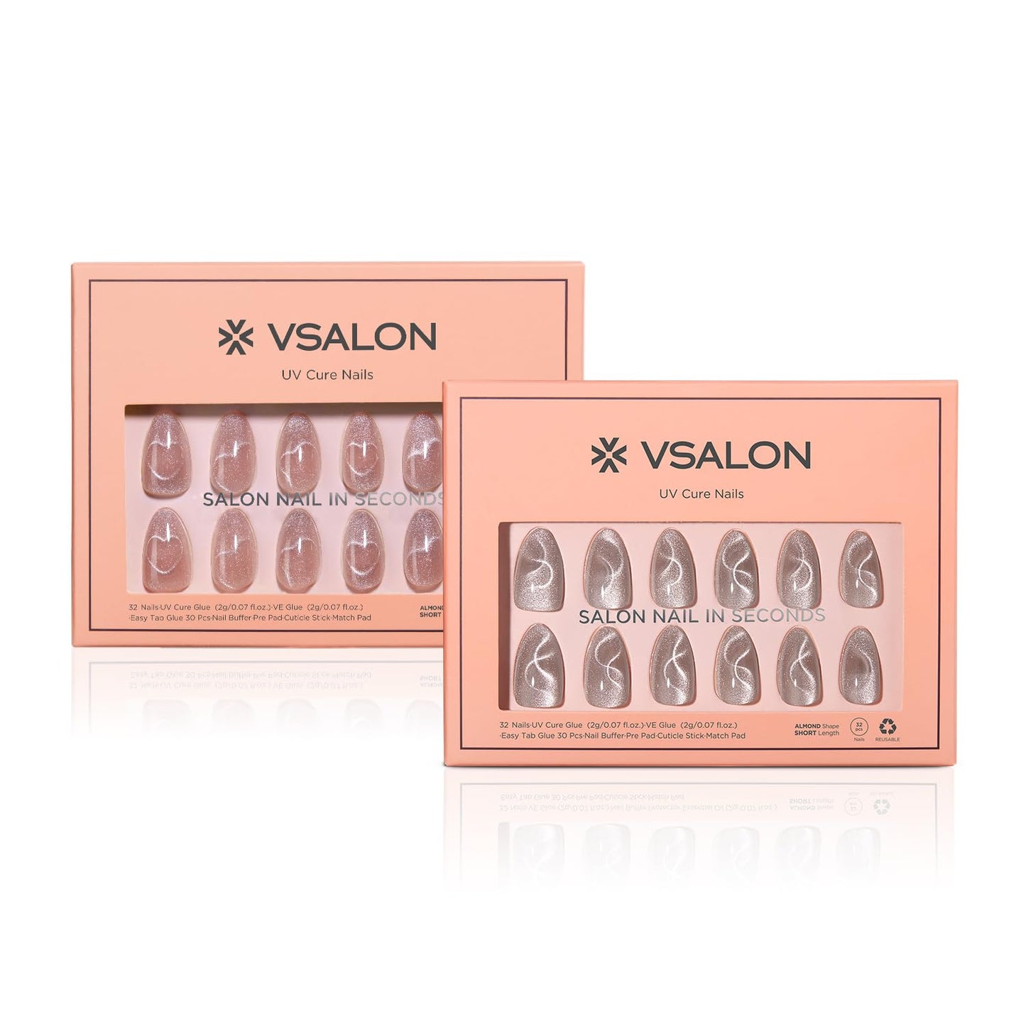 VSALON Press On Nails Short Almond, Nude Pink Cat Eye & Ribbon Cat Eye Silver Fake Press On Nails Set