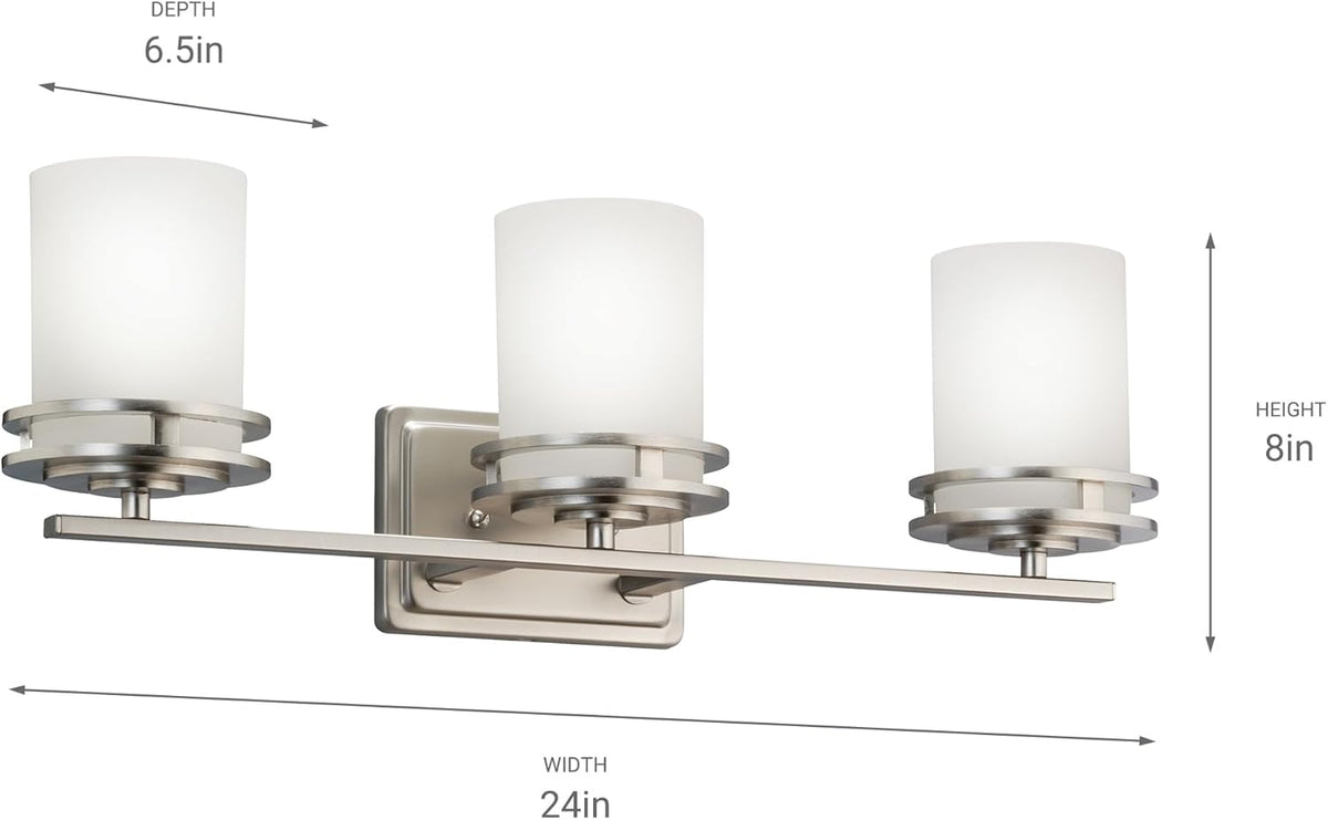 Kichler Hendrik 24" Vanity Light in Brushed Nickel, 3-Light Modern Bathroom Vanity with Satin Etched Cased Opal Glass, (24" W x 8" H), 5078NI