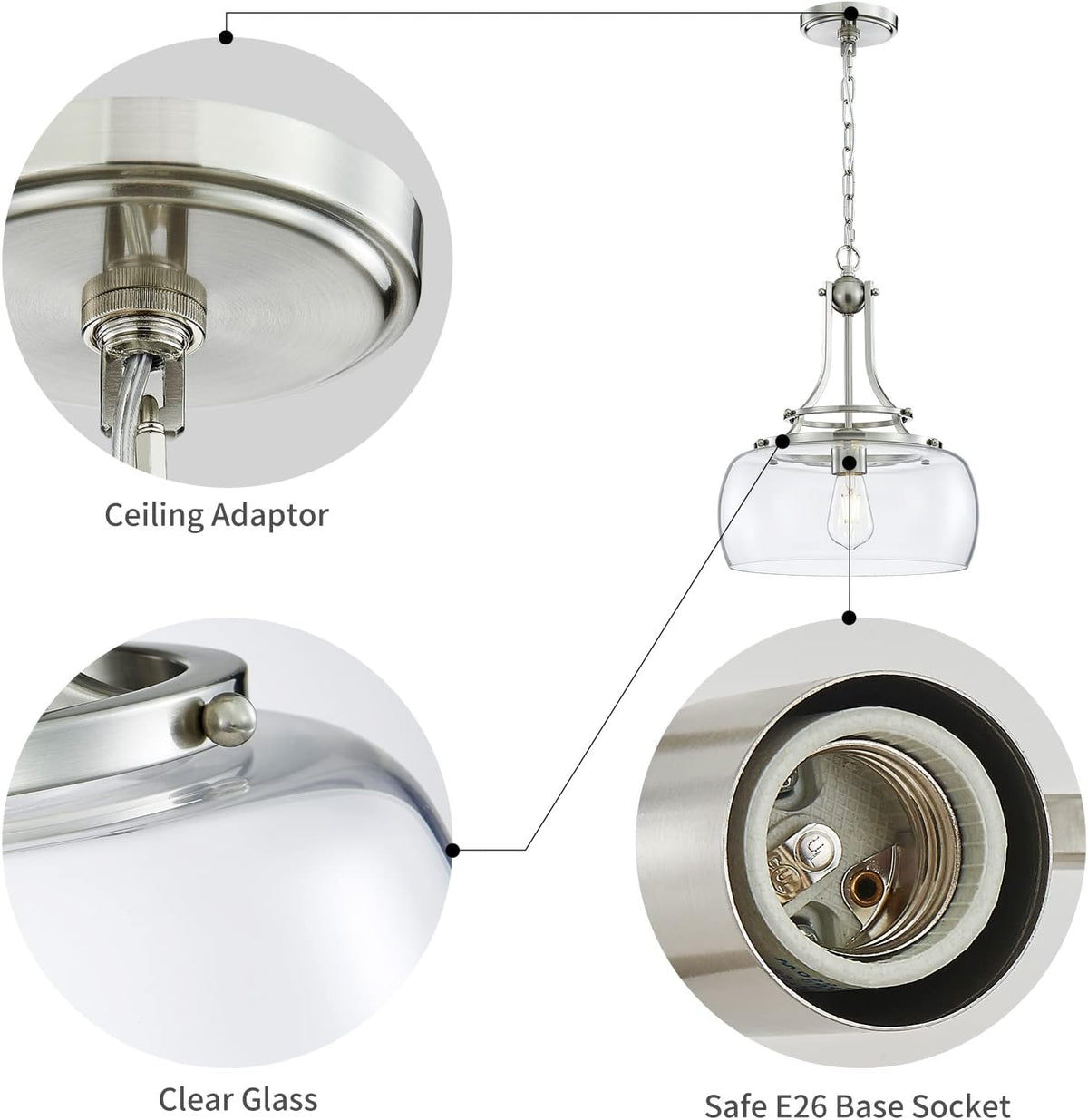 WUZUPS Chandelier Rustic Farmhouse Industrial Round Ceiling Pendant LED Light Fixture with Clear Glass Shades for Dining Room Kitchen Island Foyer Entryway, H 17" x W 13.4", E26 Base, Brushed Nickel