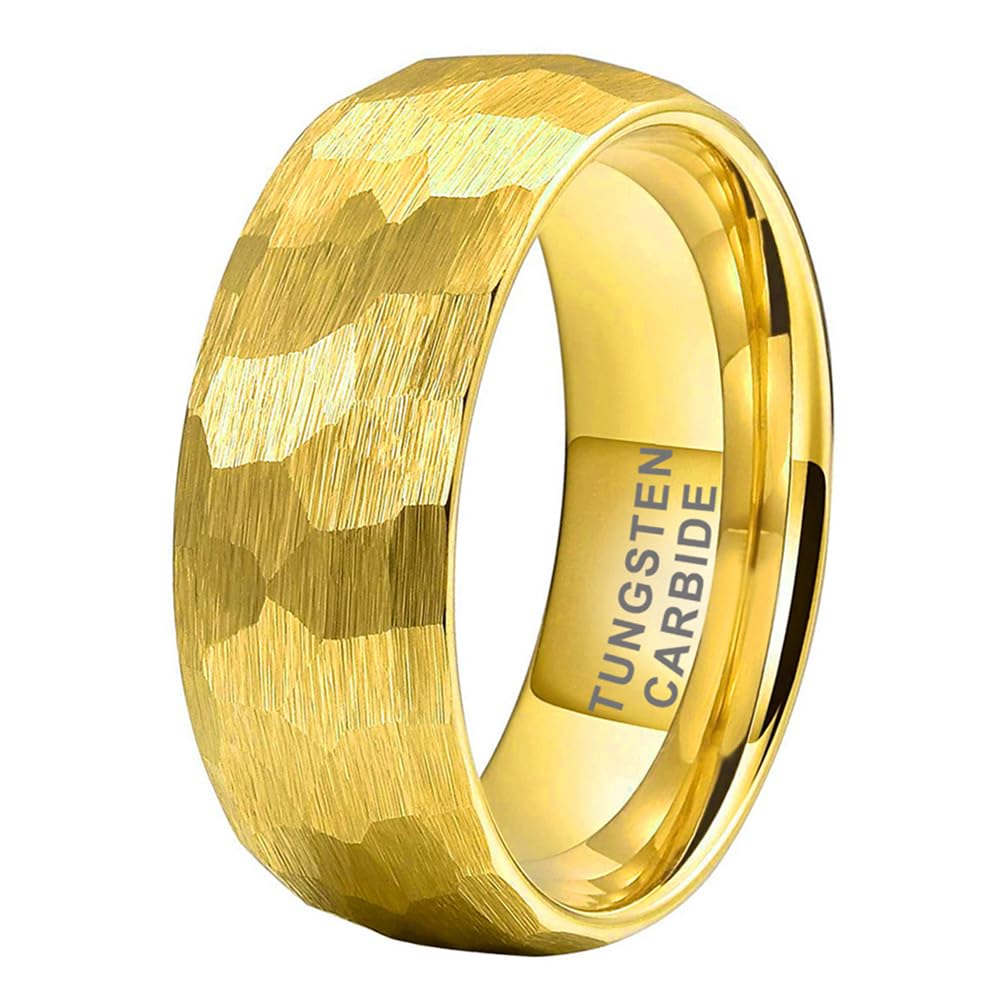 TUTISS 8mm Gold Hammered Tungsten Rings for Men Women Engagement Wedding Bands Domed Matte Finish Comfort Fit Size 8