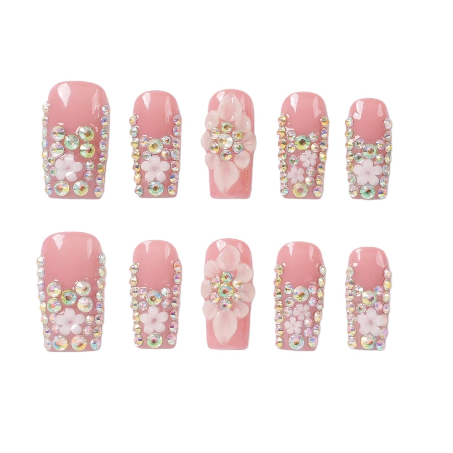 Tesytto Nude Pink Press on Nails Long Square 3D Embossed Flower, Handmade with Luxury Rhinestone 10 Pieces Reusable Acrylic False Nails for Nail Art (Sakura Crystal Glow, M)