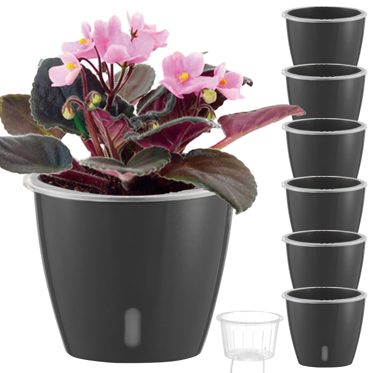 KvyusFlourish Self Watering Pots for Indoor Plants, 6-Pack 6.7'' Self Watering Planter with Drainage Holes, Small African Violet Pots with Water Indicator, Clear Wick Orchid Pot, Grey Gold