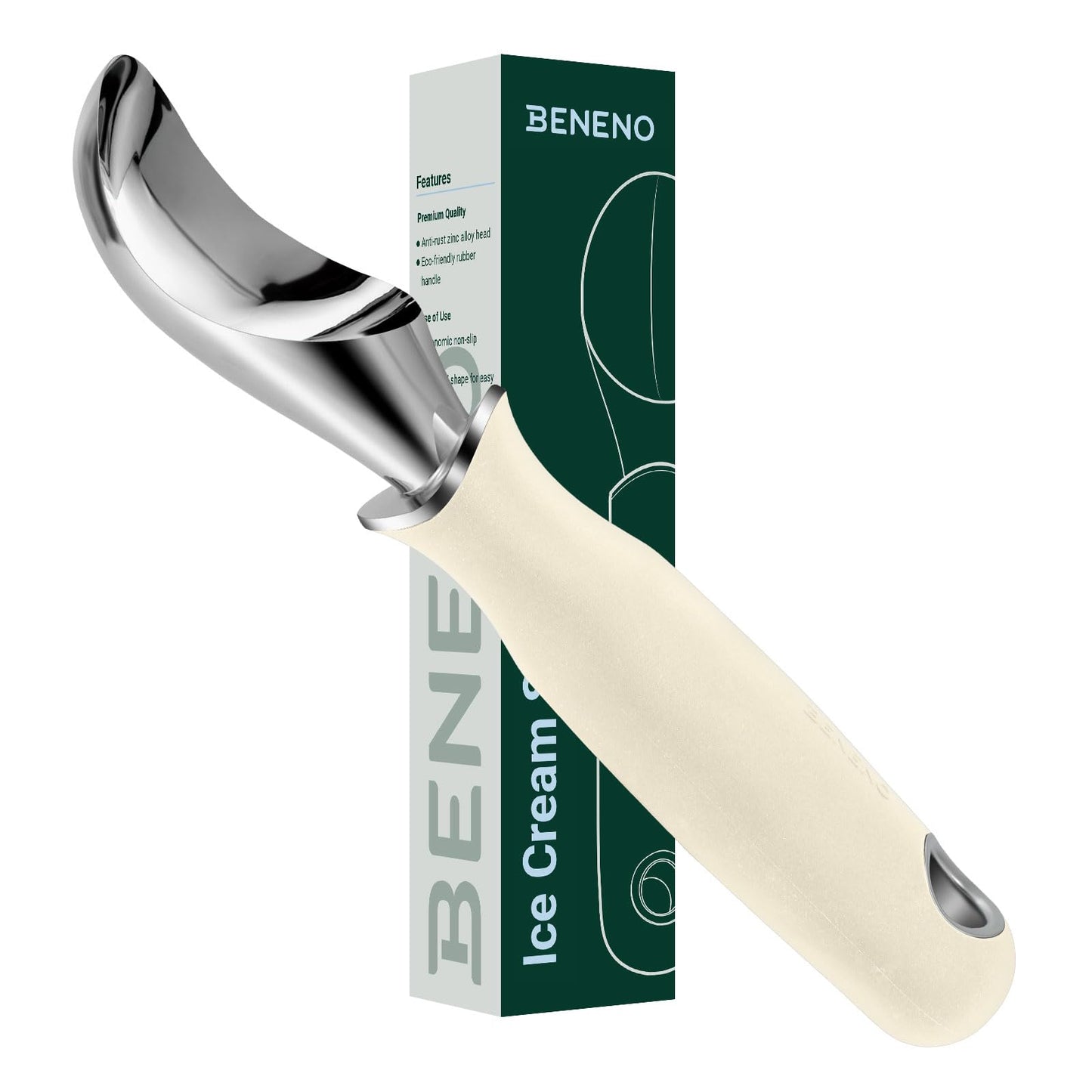 Beneno Heavy Duty Ice Cream Scoop - Upgraded Anti-Fracture Design, Comfortable Grip Long Handle, Effortless Scooping & Dishwasher Safe, Cream