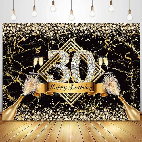 Sensfun Black Gold 30th Birthday Backdrop 30 Years Old Happy Birthday Decorations Banner for Women Diamond Thirty Birthday Party Suppiles Marble Champagne Photography Background Photoshoot Prop 10x7ft - size: 10x7ft