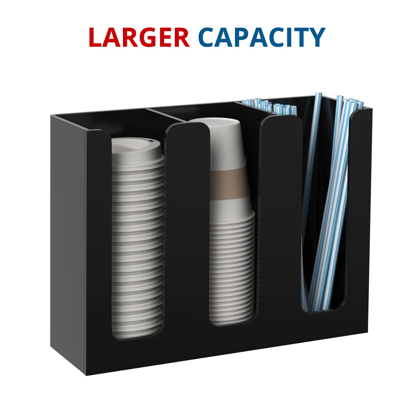 KOTEMON Acrylic Cup and Lid Holder, 3 Compartment, Disposable Coffee Cup Dispenser Cup Storage Organizer, Black