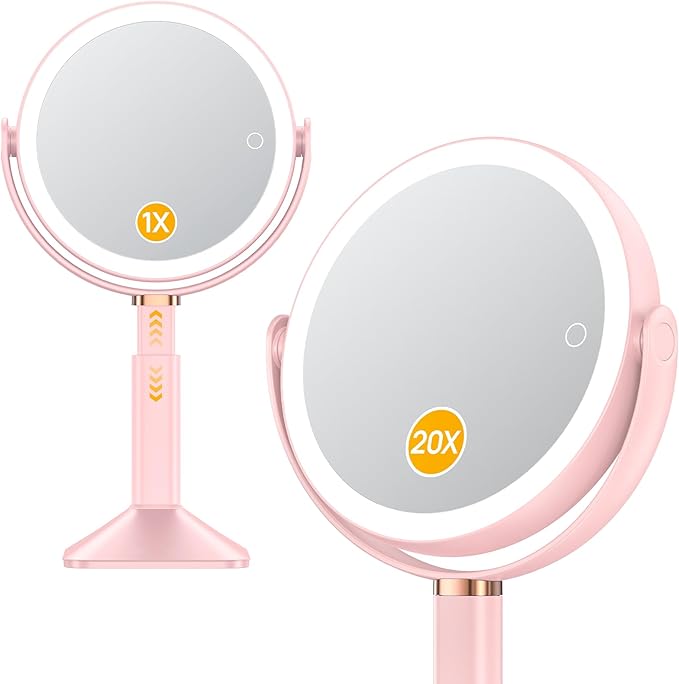 Gospire 20X Magnifying Vanity Mirror with Lights - Height Adjustable Lighted Makeup Mirror with Magnification, 4000mAh Rechargeable Battery, 3 Colored Dimmable Light for Desk Home Travel, Pink