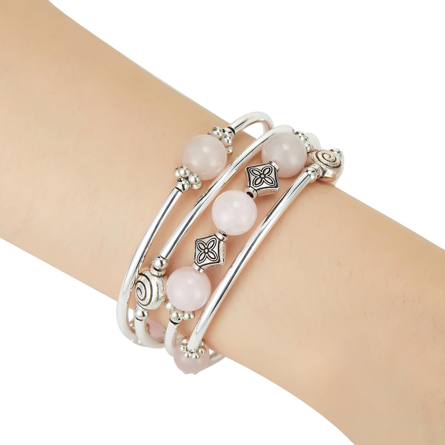 Beaded Pearl Bangle Wrap Bracelet - Fashion Bohemian Jewelry Multilayer Charm Bracelet with Thick Silver Metal Beads, Gift For Women(Pink crystal)