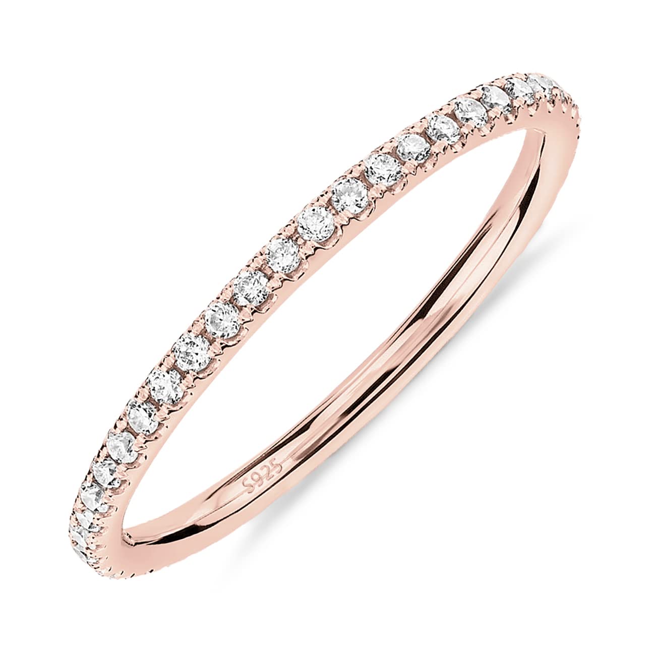 PAVOI 18K Rose Gold Vermeil 925 Sterling Silver Stackable CZ Ring for Women | Thin Band for Stacking | Simulated Diamond Eternity Wedding Band | Size 7