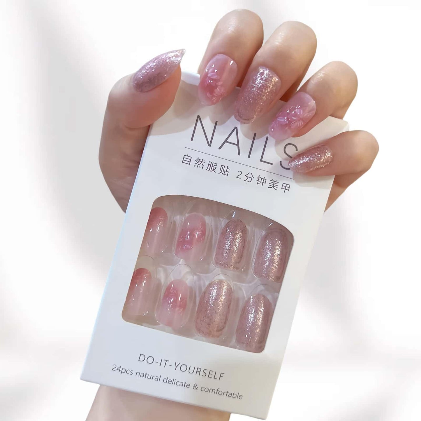 Summer Style Press on Nails Medium Almond Fake Nails Pink with Flower Designs Full Cover Glue on Nails Reusable Artificial Stick on Nails for Women 24 Pcs