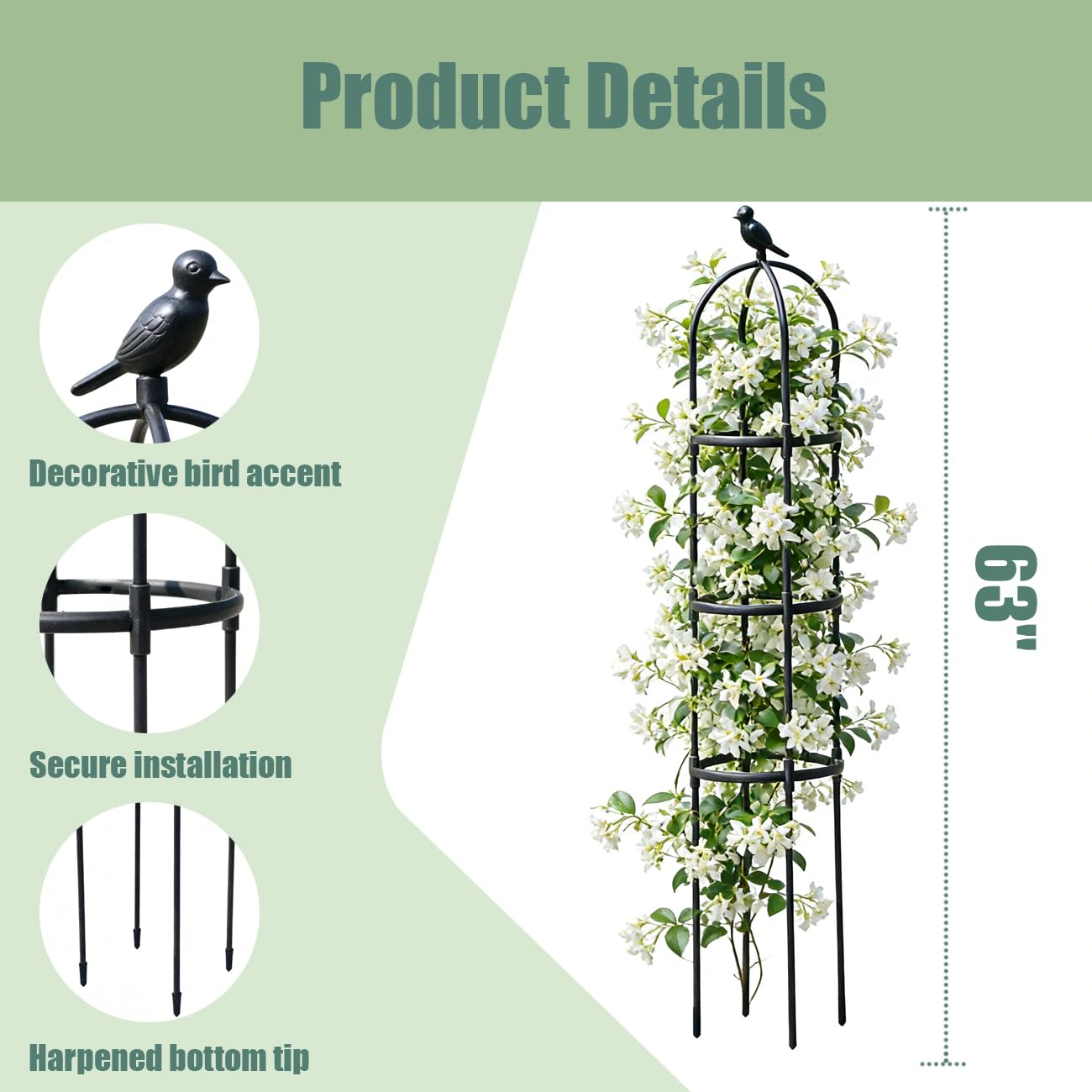 Garden Trellis, 63" Plant Support with Bird Decoration, Plant Trellis for Climbing Vines,Black Decorative Garden Cage for Climbing Roses, Clematis, Vegetables in Patio & Yard-1PACK