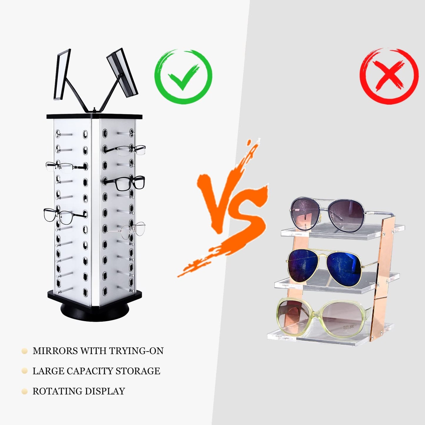 VARIPOWDER 360° Rotating Sunglass Display Stand – Sunglasses Organizer for Commercial & Home Use, Eyeglass Holder Stand, Space-Saving Sunglasses Display Rack with Mirror for 44 Pairs of Glasses