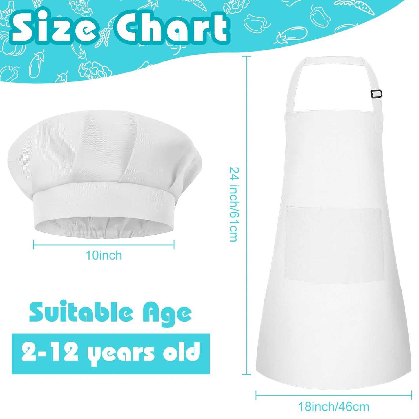 Bouiexye 5 Set Kids Apron and Chef Hat Set Children Apron Adjustable with 2 Pockets Children Chef Painting for Cooking Baking Painting Crafts Making (White