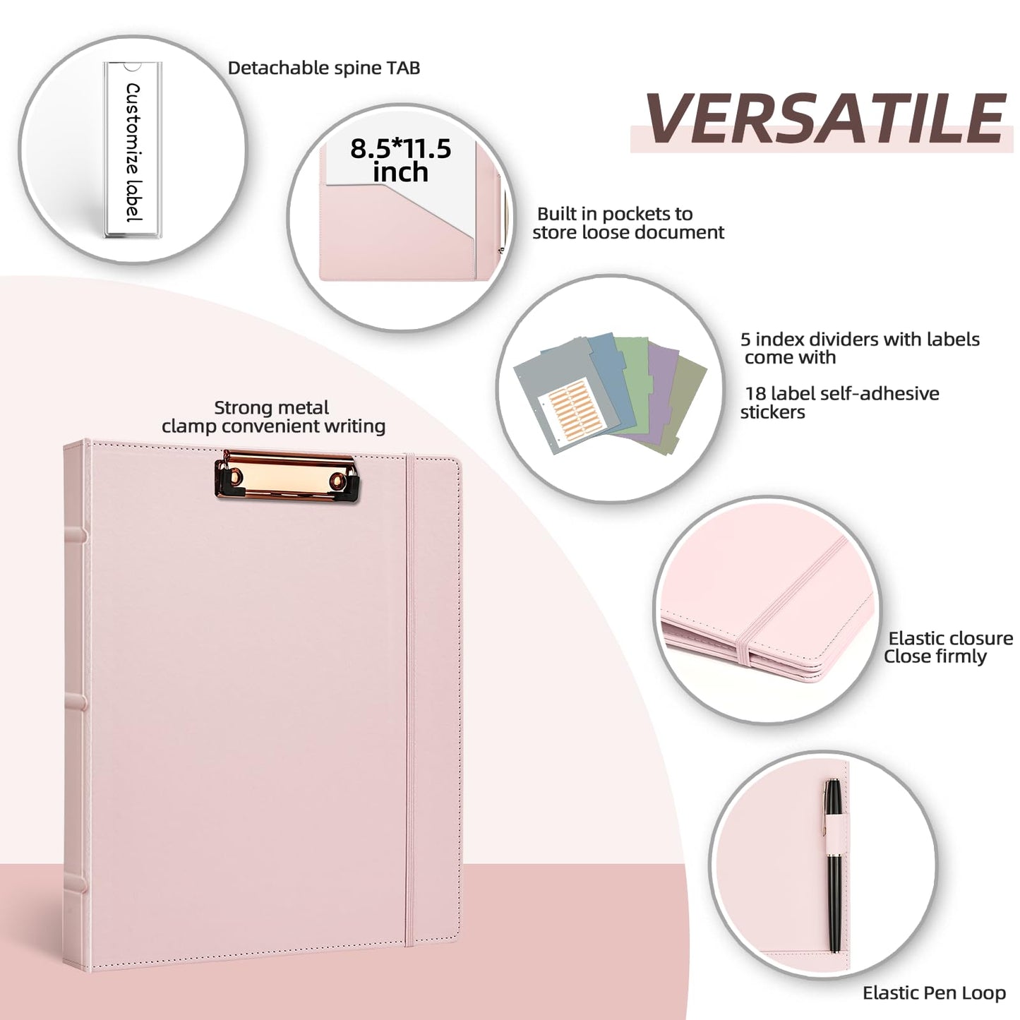 Ospelelf 3 Ring Binder with Clipboard 1 Inch Leather Binder for Letter Size (8.5" x 11"), Clipboard Binder with 5 Tab Dividers for School, Office, Pink