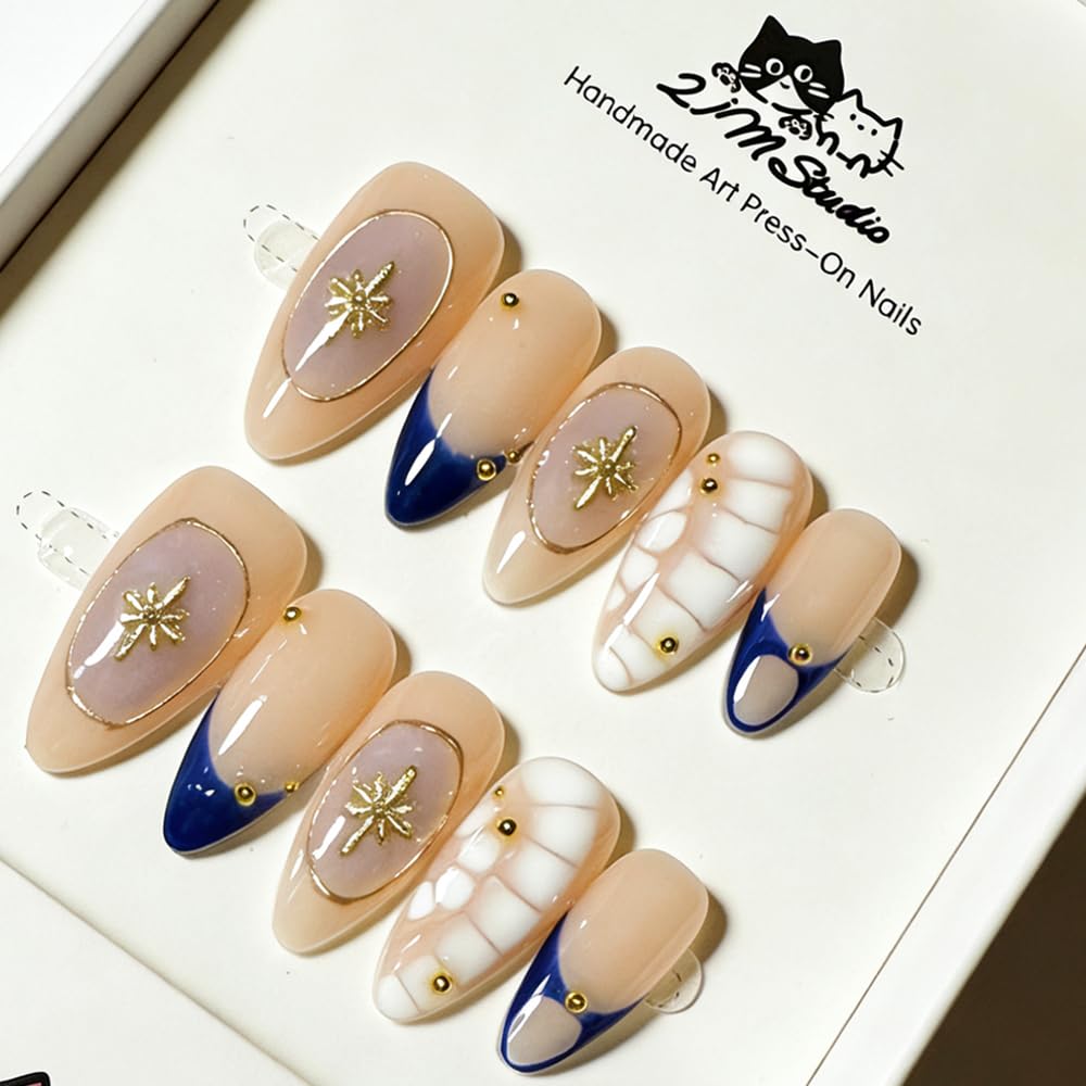 2IM Studio Handmade Press On Nails, Elegant Nude 3D Floral French Tip with Pearl Rhinestones, Almond Medium Length Full Cover Thick Reusable Acrylic Nail Kit for Women 10PCS (Midnight Muse-M)
