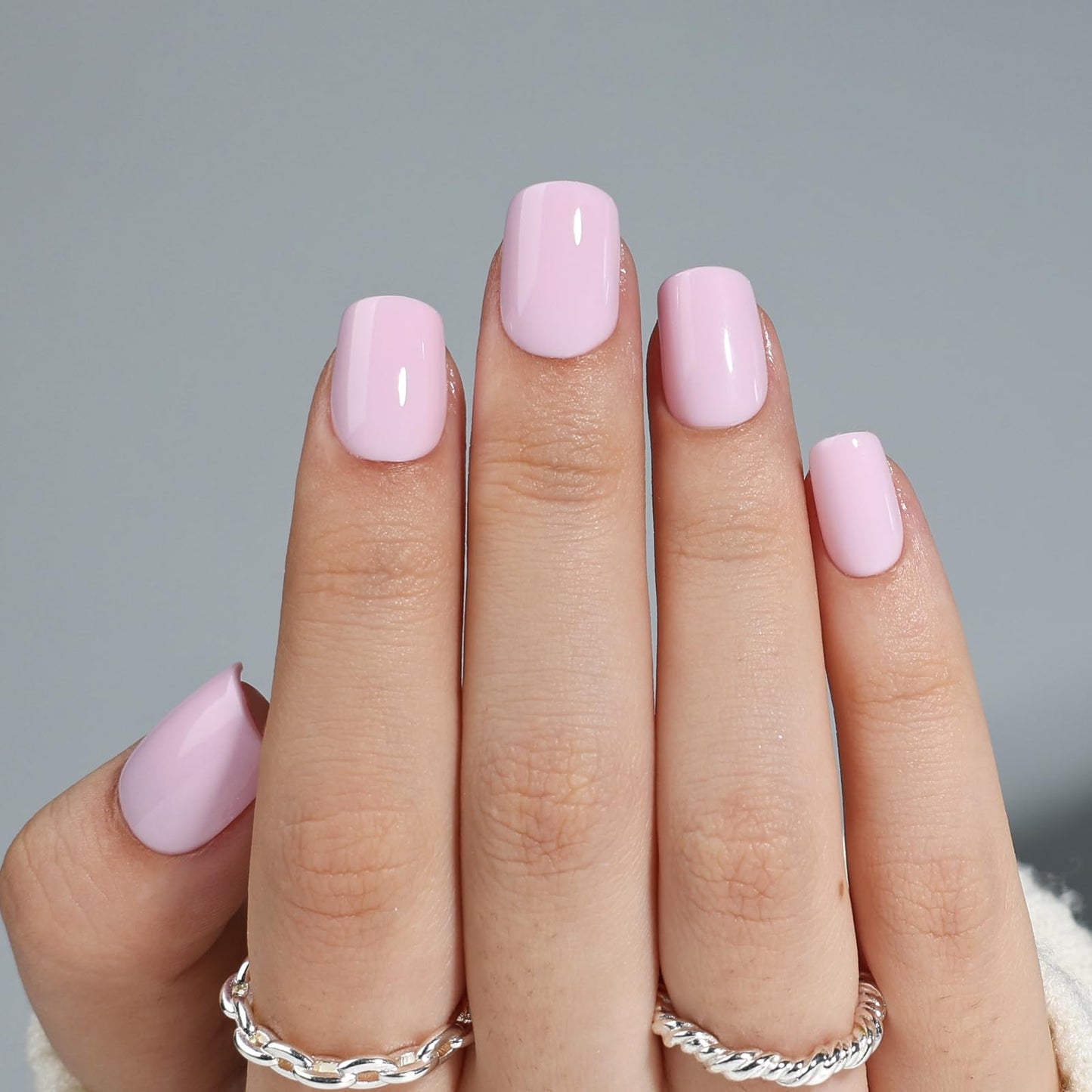Pink Press On Nails Short Square - Solid Light Pink Glossy Fake Nails with Glue and Adhesive Tabs for Women, Reusable Press On Nail Kit, 30 PCS in 15 Sizes