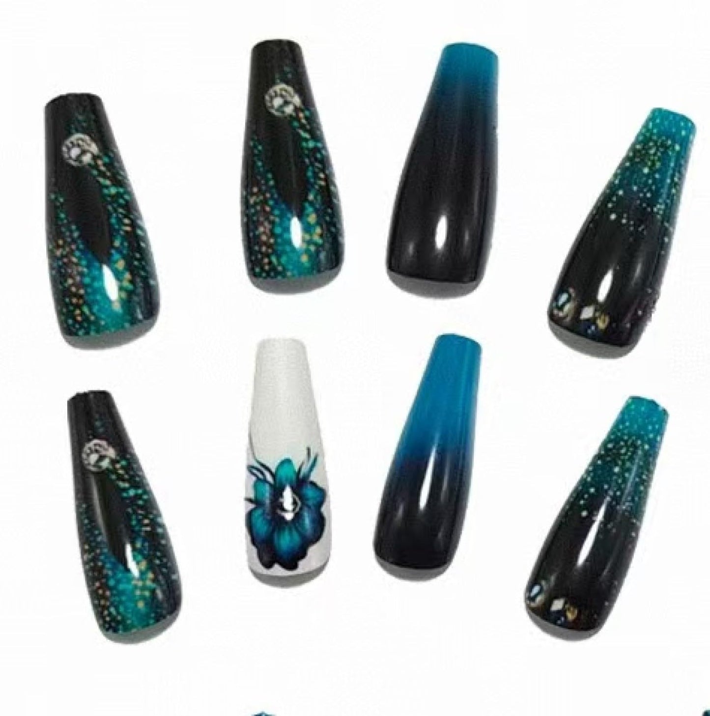Chunmeng 24 pieces blue black gradient nail coffin, blue-green flowers with rhinestone glossy acrylic, suitable for women's daily gatherings