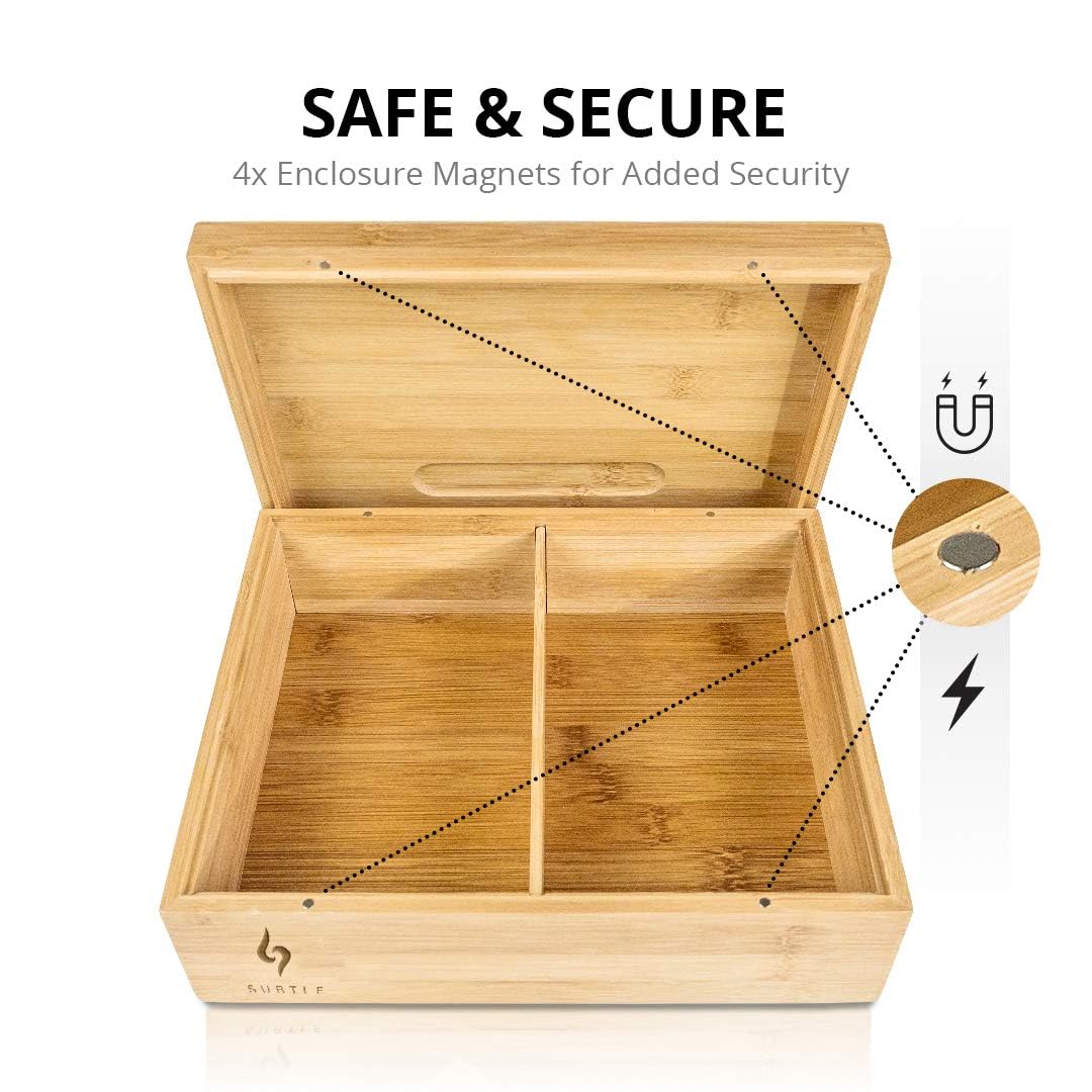 Subtle Rolling Tray Stash Box - Large Bamboo Box w/Ample Storage Space to Organize Herb Accessories - Comes with Convertible Rolling Tray Lid - (10" x 8" x 3.5")
