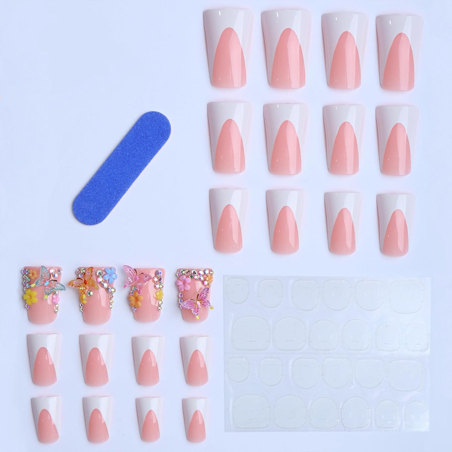 Duck Press on Nails Medium Fake Nails with Butterfly Rhinestones Designs White French Tip False Nails Press ons Spring Summer Flower Stick on Nails for Women Salon Quality Manicure Set