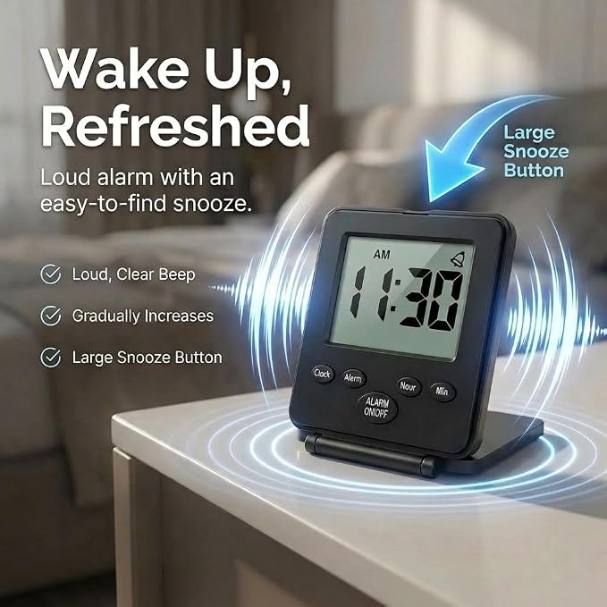 Digital Travel Alarm Clock - No Bells, No Whistles, Simple Basic Operation, Loud Alarm, Snooze, Small and Light, ON/Off Switch, 2 AAA Battery Powered, Black