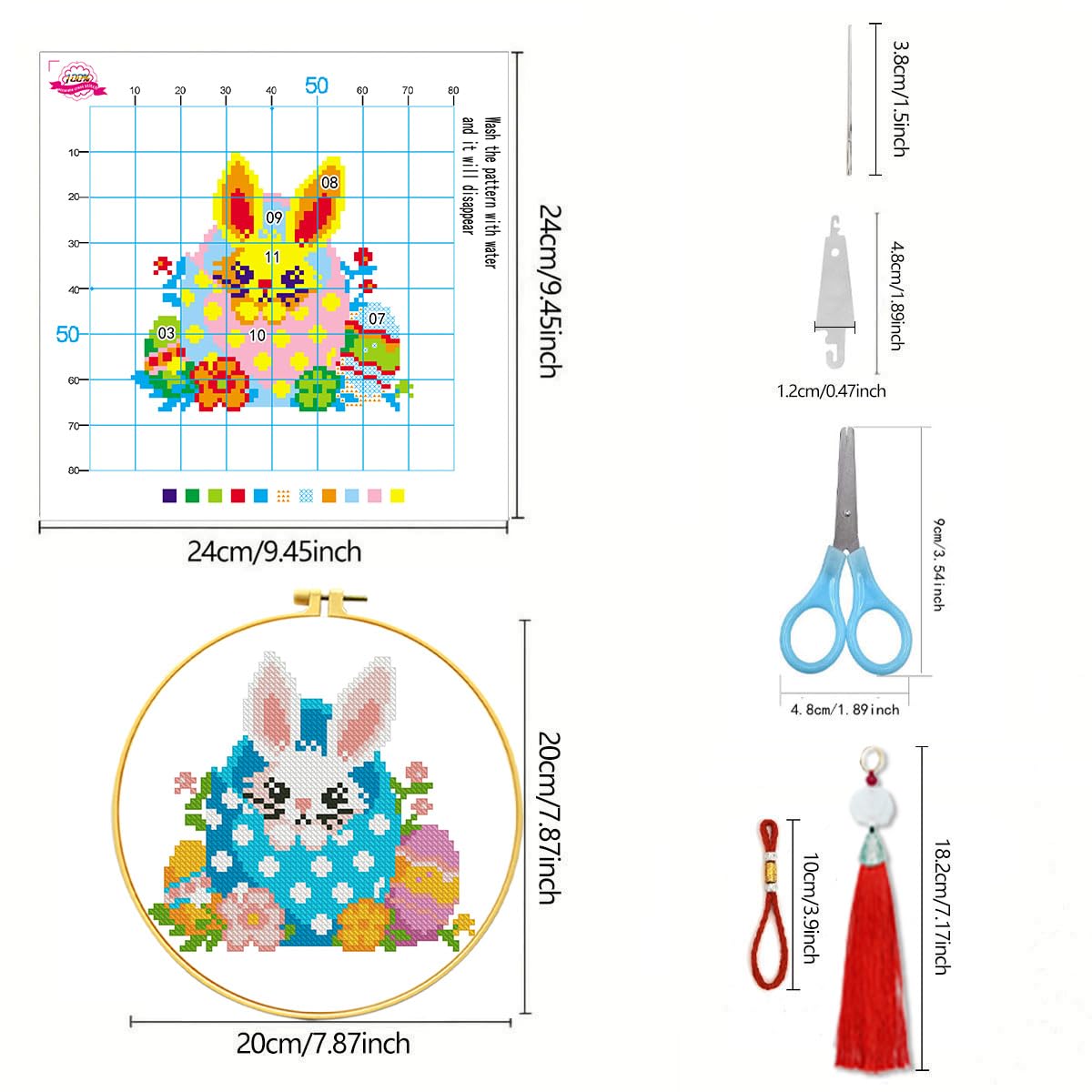 Zhenging Easter Cross Stitch Kit with 4 Bunny & EggPatterns -9.45x9.45 Inch Hoop, Pre-Printed Fabric,Threads, Tools -DlY Easter Craft Gift for Adults, HomeDecor